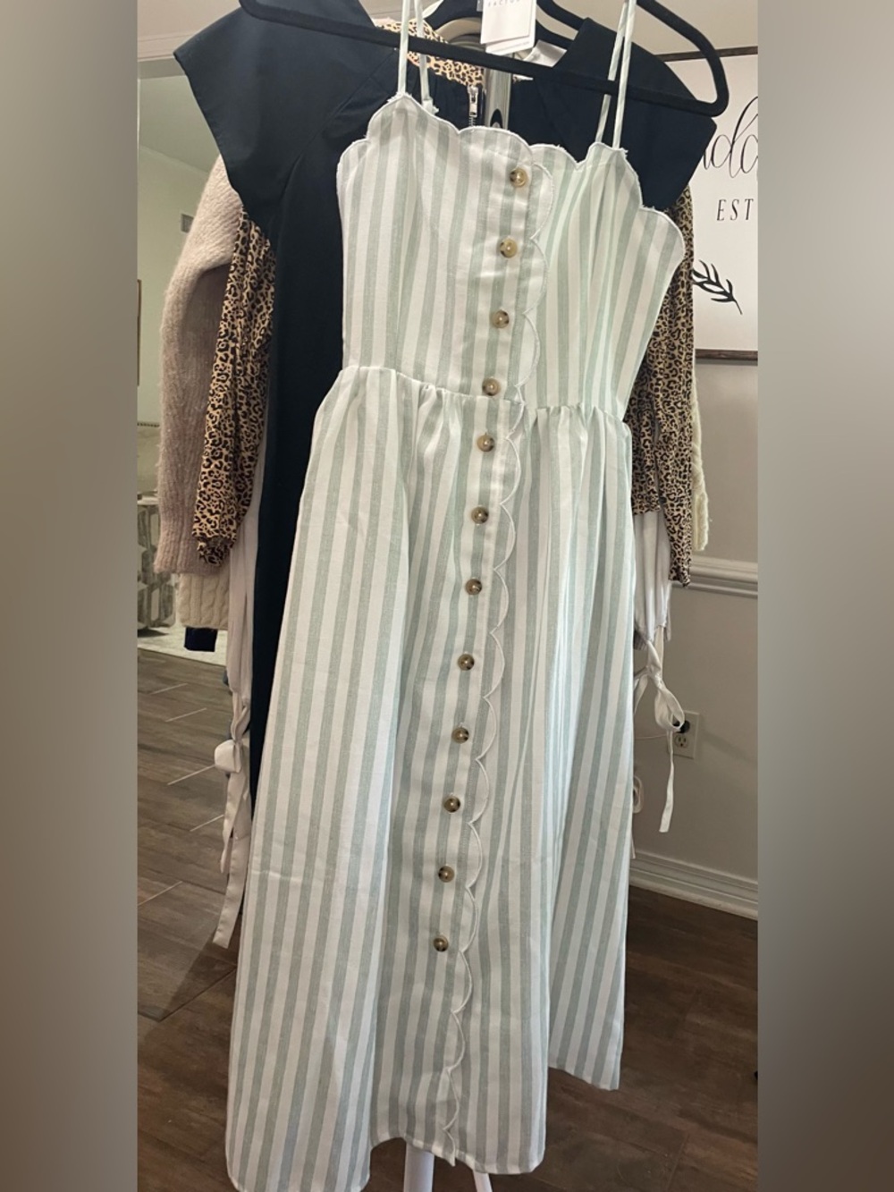 English Factory Striped Midi Dress XS Green White Scallop Button Front
